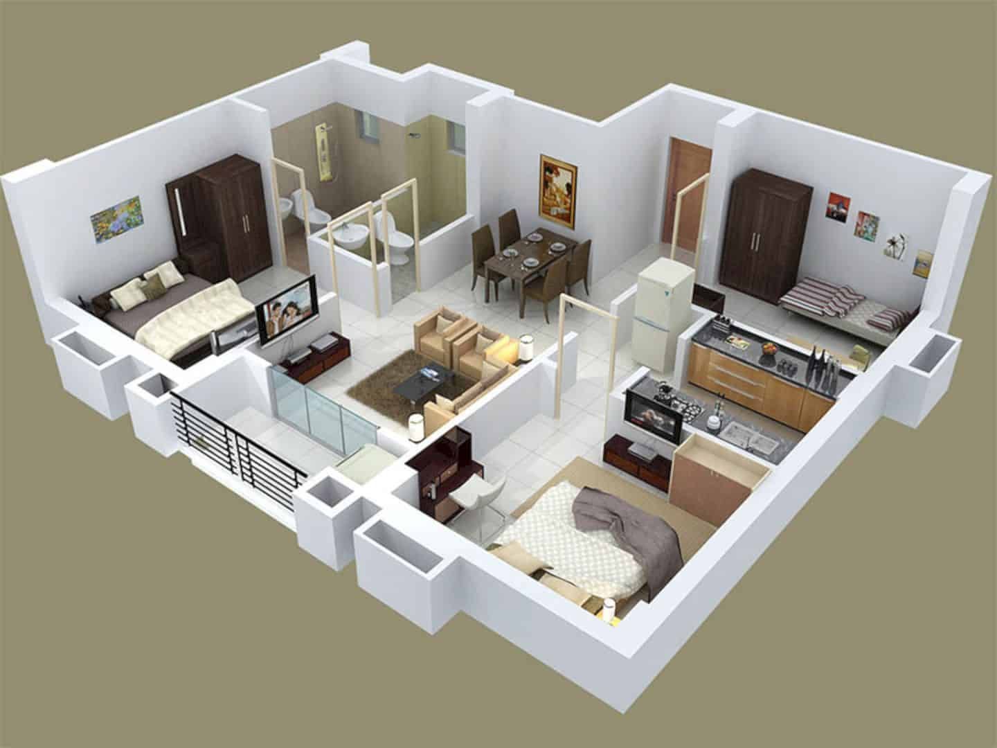 Mô phỏng căn hộ 3 phòng ngủ